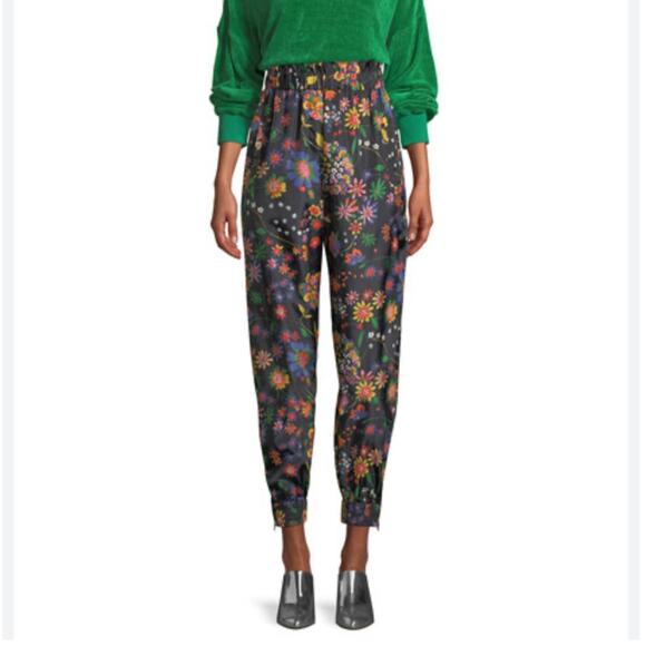 TIBI FLORAL PRINT RUFFLE TECH JOGGER PANTS HIGH PAPER BAG WAIST WOMEN SIZE M NEW